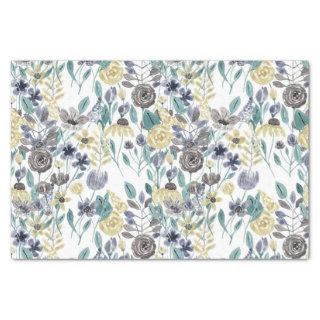 Modern Gray Yellow Floral Watercolor Pattern Tissue Paper