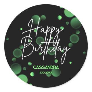 Modern Green Bokeh Gradient Black Happy Birthday Classic Round Sticker