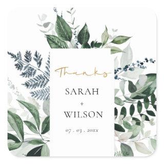 Modern Green Leafy Foliage Wedding Thanks Square Sticker