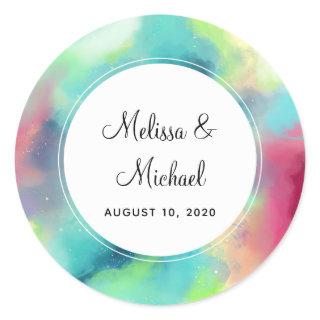 Modern Green & Red Space Nebula Watercolor Classic Round Sticker