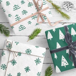 Modern Green & White Christmas Trees Snowflakes  Sheets