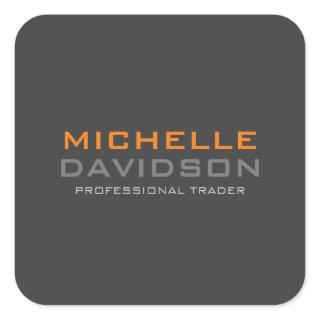 Modern Grey Orange Bold Text Minimalist Name Square Sticker