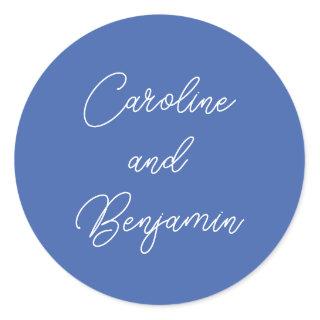 Modern Handwriting Script Wedding Name French Blue Classic Round Sticker