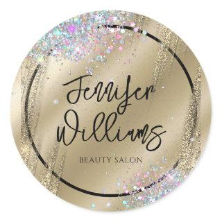 Modern Holographic Glitter Faux Foil Gold Business Classic Round Sticker