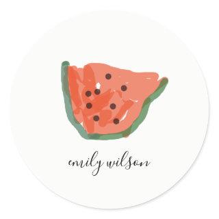 Modern Kids Hand Drawn Red Green Watermelon Fruit Classic Round Sticker