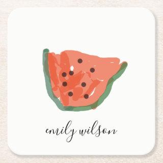Modern Kids Hand Drawn Red Green Watermelon Fruit Square Paper Coaster
