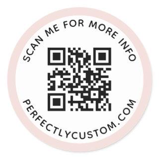 Modern light blush pink border QR code and text Cl Classic Round Sticker