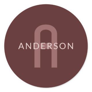 Modern Looking Monogrammed Name | Maroon Red Classic Round Sticker