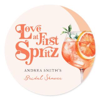 Modern Love at First Spritz Retro Bridal Shower  Classic Round Sticker