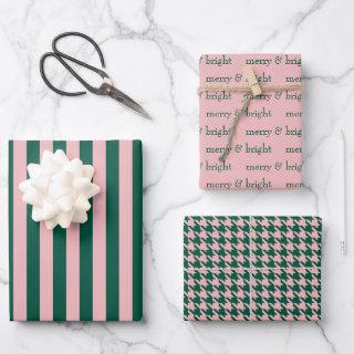 Modern Merry & Bright Christmas Holiday Green Pink  Sheets