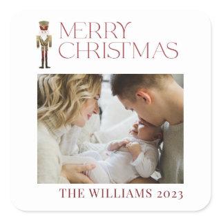 Modern Merry Christmas Nutcracker Watercolor Photo Square Sticker