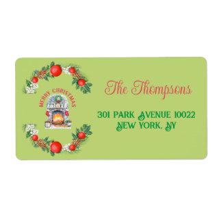 Modern Merry Christmas Red Green Fireplace Wreath Label