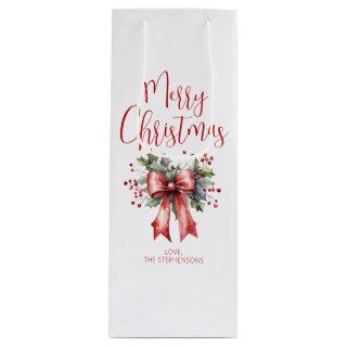 Modern Merry Christmas Script Holly Bow Name Wine Gift Bag