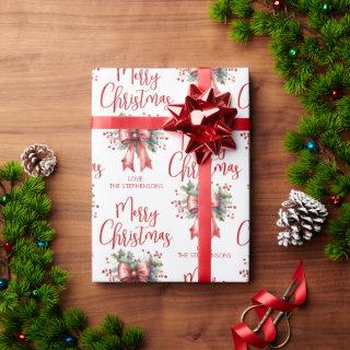 Modern Merry Christmas Script Red Bow Personalized