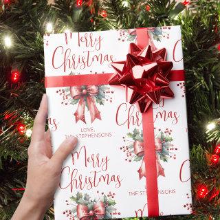 Modern Merry Christmas Script Red Bow Personalized
