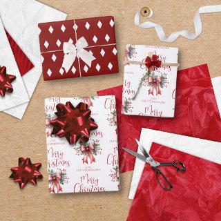 Modern Merry Christmas Script Red Bow Personalized  Sheets