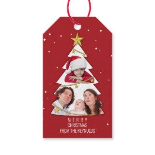 Modern Merry Christmas Tree Photo Collage Red Gift Tags