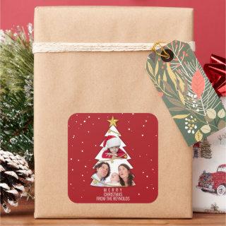 Modern Merry Christmas Tree Photo Collage Red Square Sticker