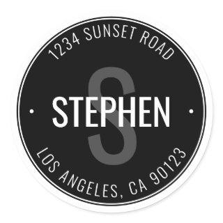Modern Minimal Name & Address | Black & White Classic Round Sticker