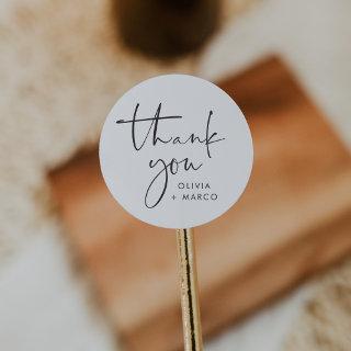 Modern Minimalist Black & White Script Thank You Classic Round Sticker