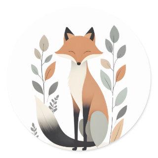 Modern Minimalist Boho Cute Fox and Plants  Classic Round Sticker