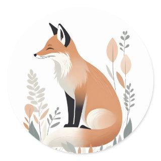 Modern Minimalist Boho Cute Fox and Plants Classic Round Sticker
