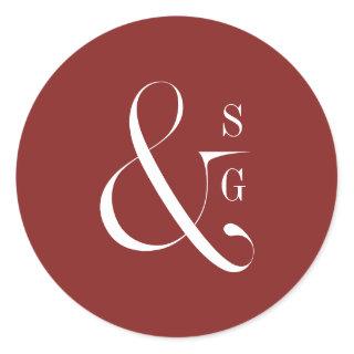 Modern minimalist couple's monogram burgundy classic round sticker