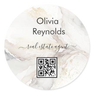 Modern Minimalist Marble Texture Neutral QR Code Classic Round Sticker