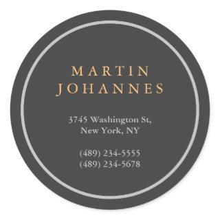 Modern Minimalist Plain Elegant Grey Name Address Classic Round Sticker