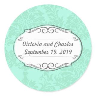 Modern Mint  Damask Wedding Invite Classic Round Sticker