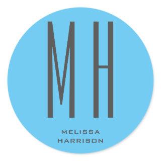 Modern Monogram Professional Plain Simple Sky Blue Classic Round Sticker