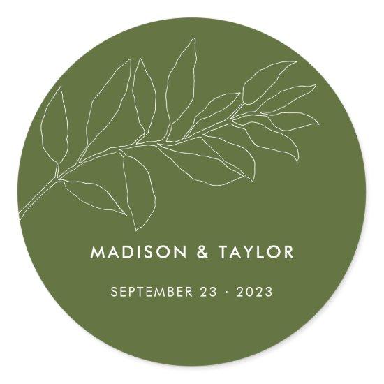 Modern Moss Green Botanical Floral Wedding Favor Classic Round Sticker