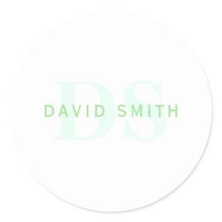 Modern Name & Monogram | Green & White Classic Round Sticker