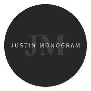 Modern Name & Monogram | Grey & Black Classic Round Sticker