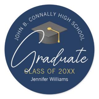 Modern Navy Blue Graduate Custom Graduation Party Classic Round Sticker