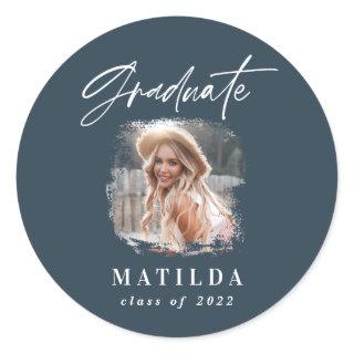 Modern navy blue script photo elegant graduation classic round sticker