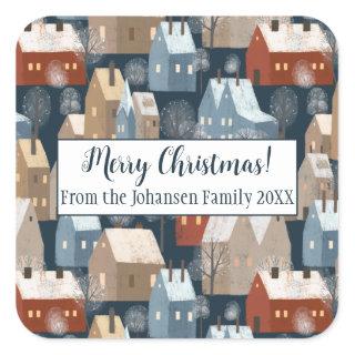 Modern Nordic Winter Night Town Houses Pattern Square Sticker