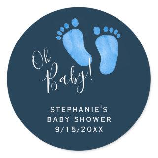 Modern Oh Baby Boy Navy Blue Baby Shower Classic Round Sticker