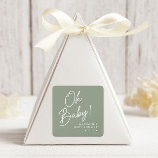 Modern Oh Baby Script Sage Green Baby Shower Square Sticker