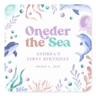 Modern Oneder the Sea Dolphin Retro First Birthday Square Sticker