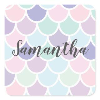 Modern Pastel Lovely Mermaid Pattern With Name Square Sticker