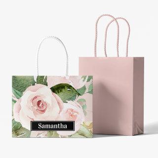 Modern Pastel Pink Watercolor Flowers & Name Large Gift Bag