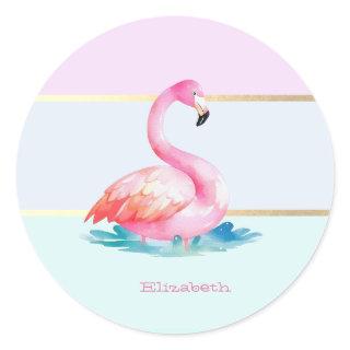 Modern Pastel Striped,Pink Flamingos  Classic Round Sticker