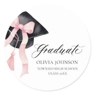 Modern Pink Bow Coquette Graduation Cap Graduate Classic Round Sticker