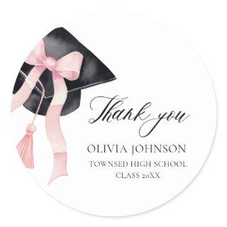 Modern Pink Bow Coquette Graduation Cap Graduation Classic Round Sticker