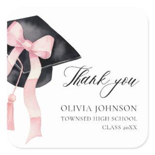 Modern Pink Bow Coquette Graduation Cap Graduation Square Sticker