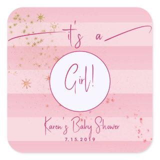 Modern Pink Cabana Stripes & Gold Stars Girl Baby  Square Sticker