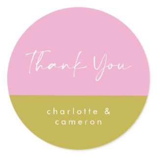 Modern Pink Green Color Block Custom Thank You Classic Round Sticker