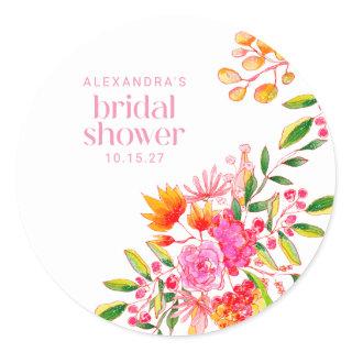 Modern Pink Orange Watercolor Floral Bridal Shower Classic Round Sticker