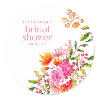 Modern Pink Orange Watercolor Floral Bridal Shower Classic Round Sticker